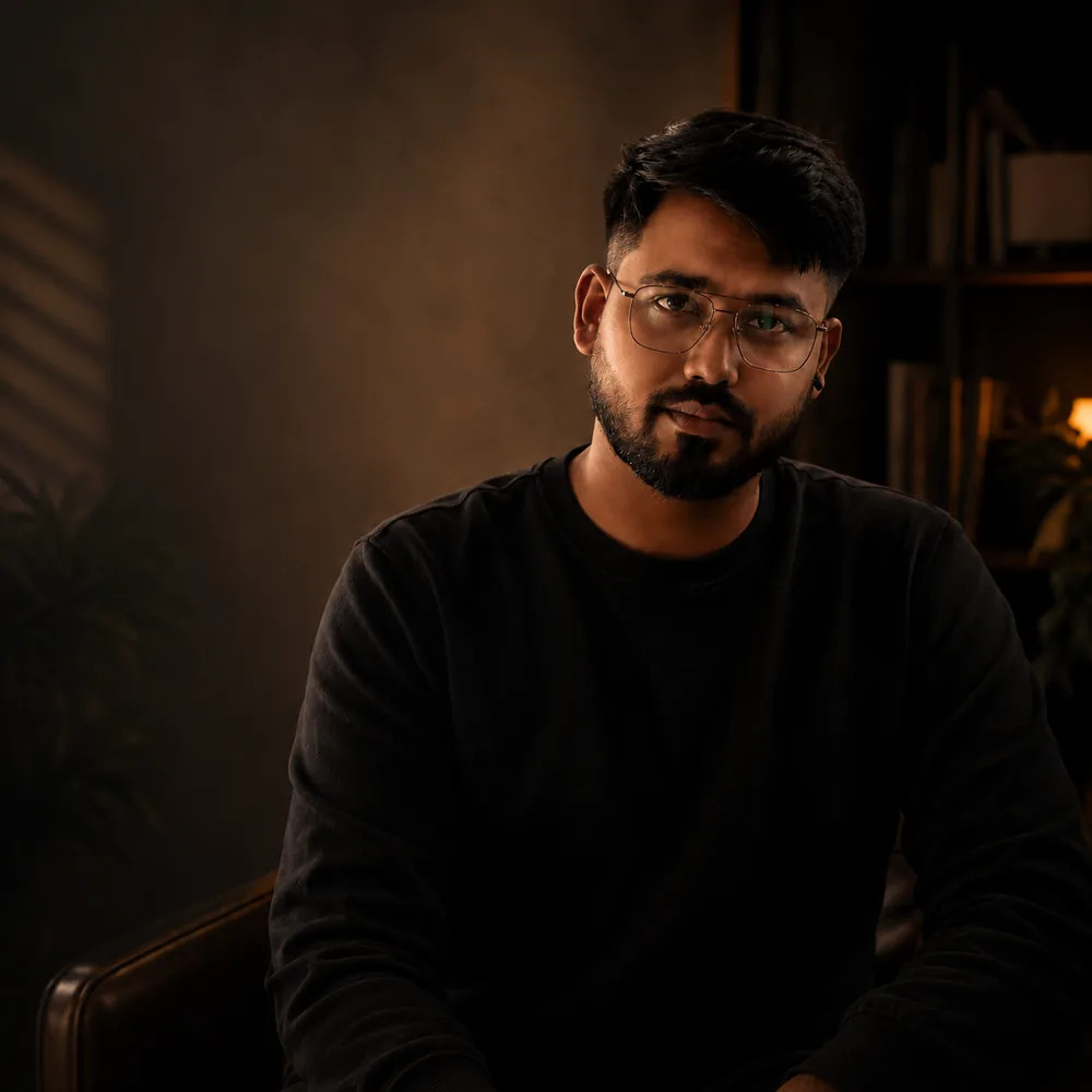 Cinematic studio portrait of Neel, brand architect and founder of DearStory, representing human-centered digital identity and semantic brand design for the AI era.