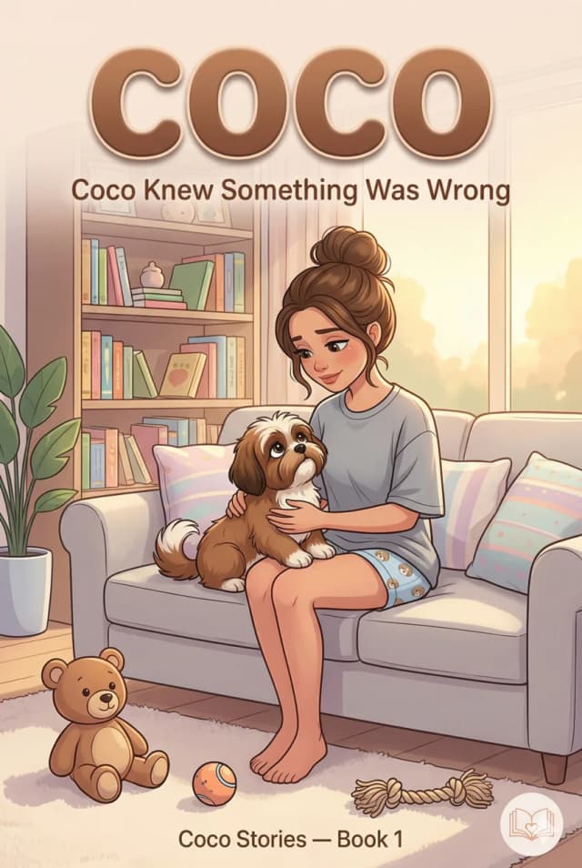 Personalized pet storybook cover showing a young woman hugging her small brown and white dog on a cozy sofa.