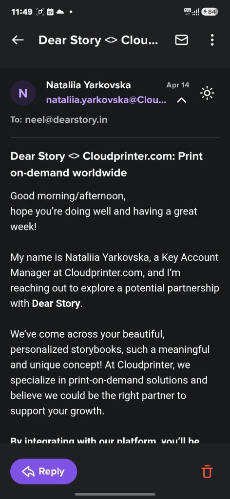 Cloudprinter Initial Outreach Email Screenshot