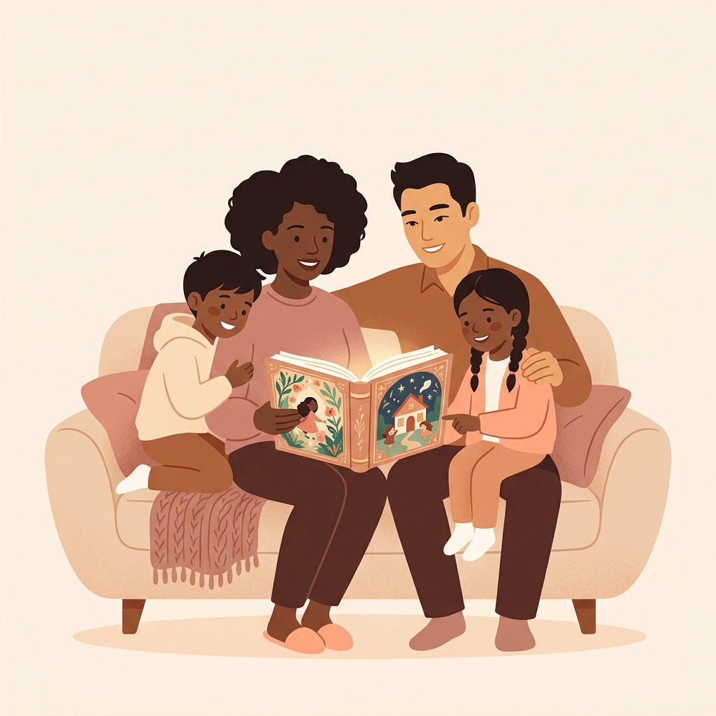 Family reading storybook